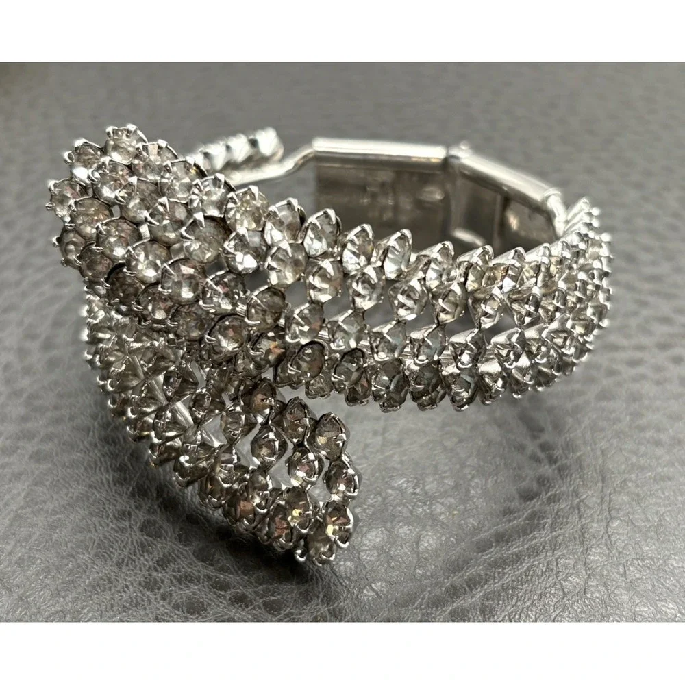 Clear Rhinestone Encrusted Bangle Bracelet Prong Set Clamper Style 6